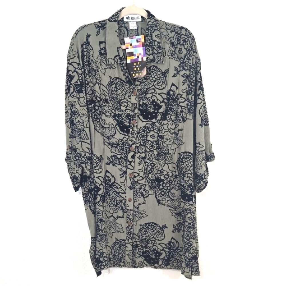 *NWT* We Be Bop Green-Gray/Black Tunic Top/Dress Floral Artsy Lagenlook, size 0X